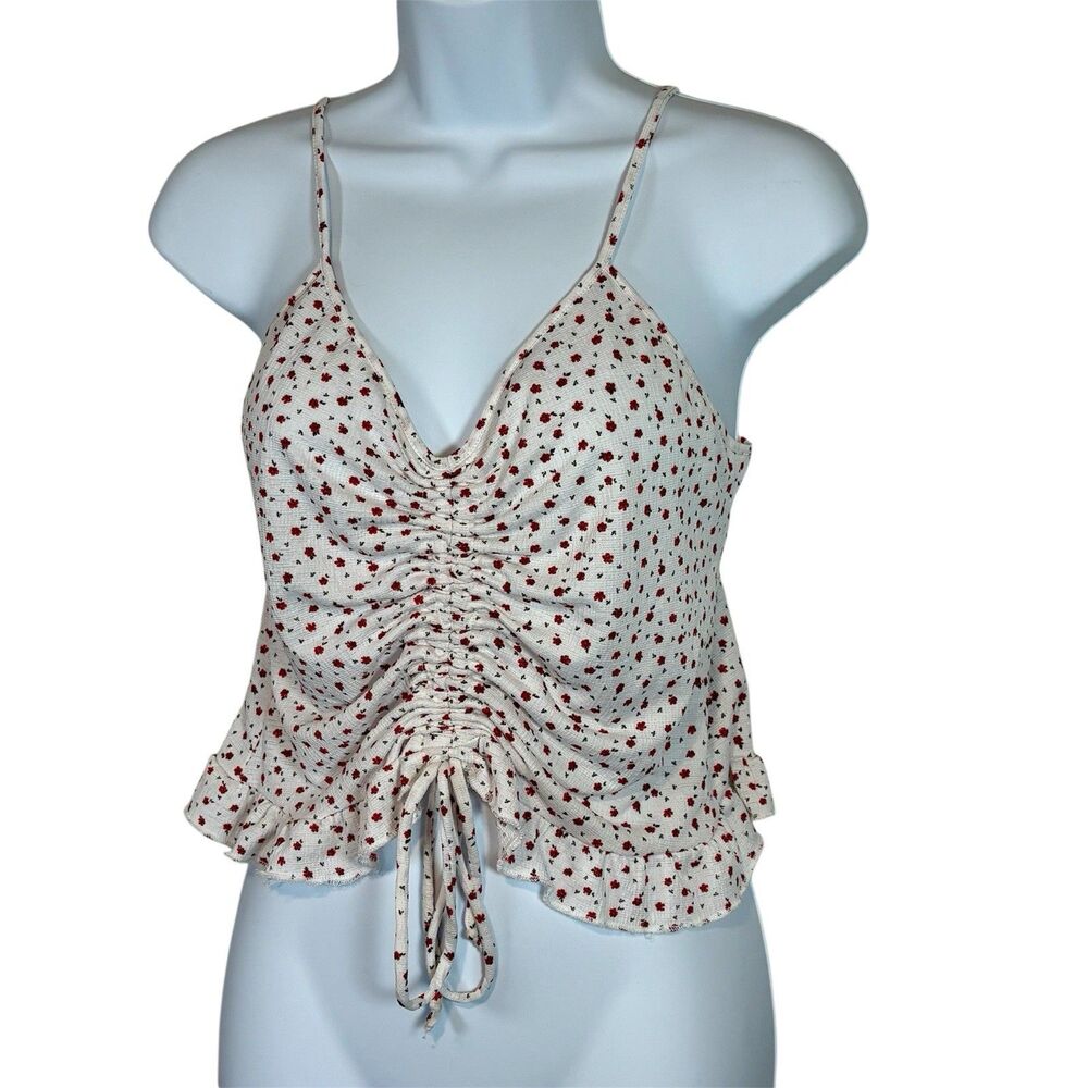 Vibe Sportswear Cami Large White Red Floral Ruched Ruffle Hem Crop Top‎ JKT7536